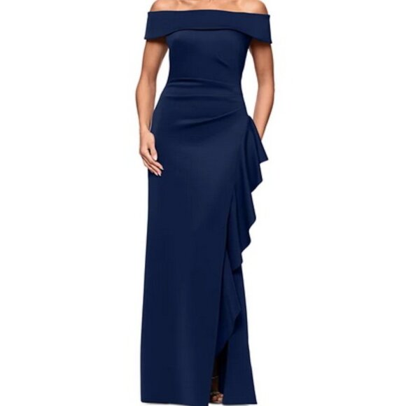Xscape Midnight Navy Blue Off-The-Shoulder Ruffled Side-Slit Gown - Picture 1 of 3